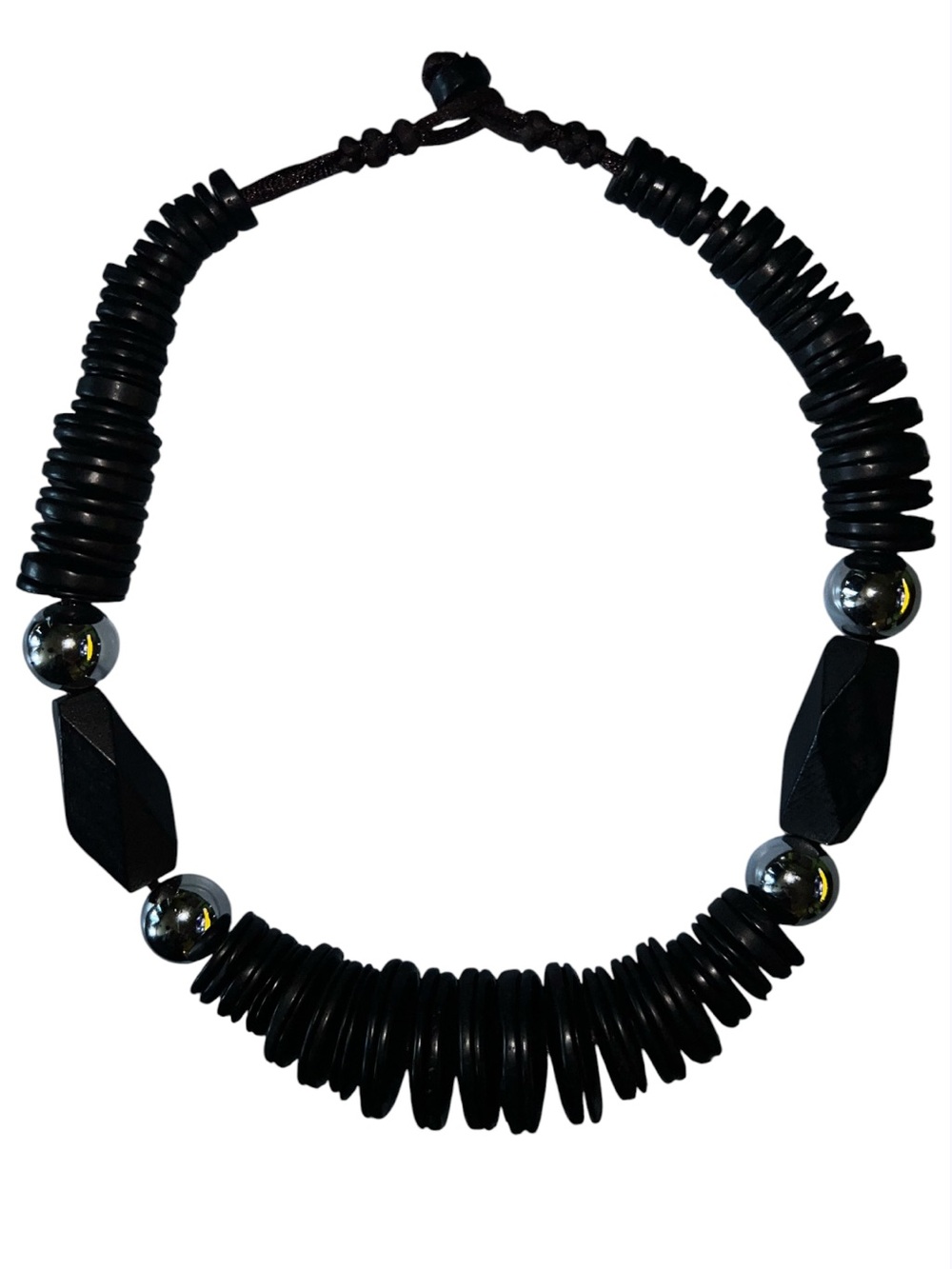 Vintage Silver & Black Wooden Bead Necklace with Leather Cord 18”